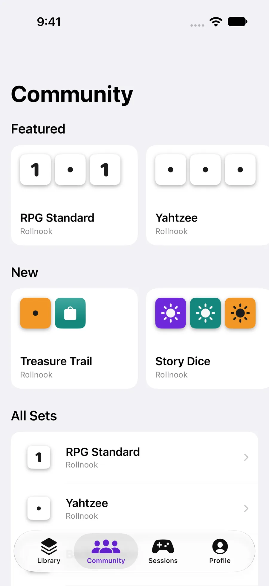 Rollnook community with featured sets, Treasure Trail and Story Dice