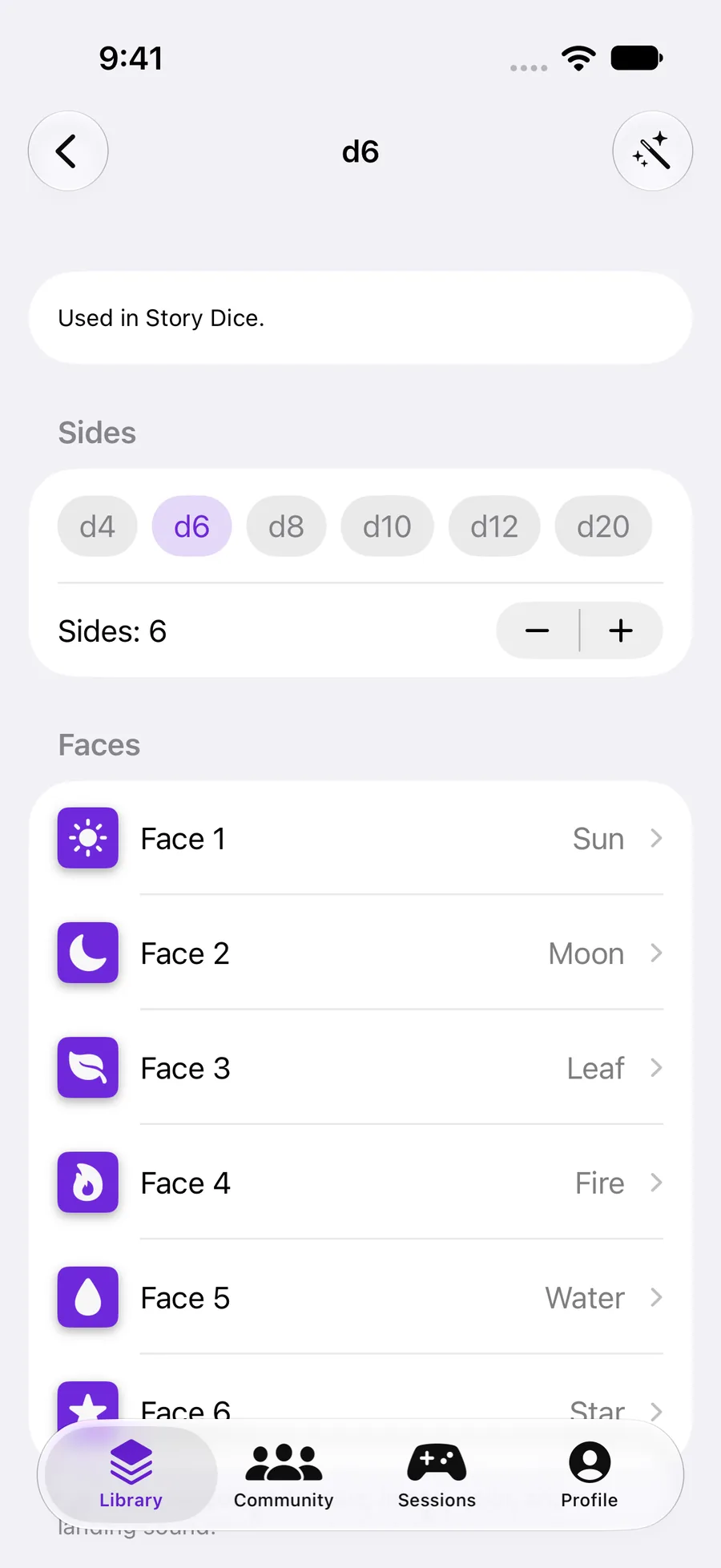 Current dice editor with custom sun, moon, leaf and fire faces