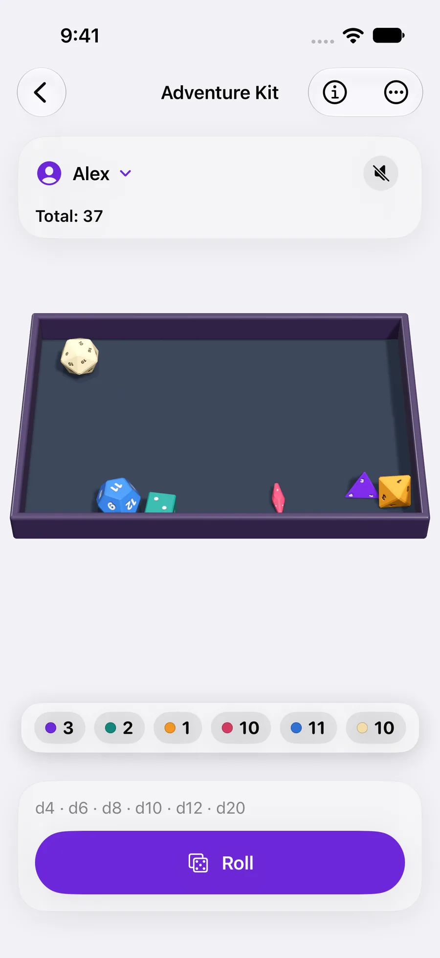 Adventure Kit: six colorful 3D dice in a tray, with individual results and their total
