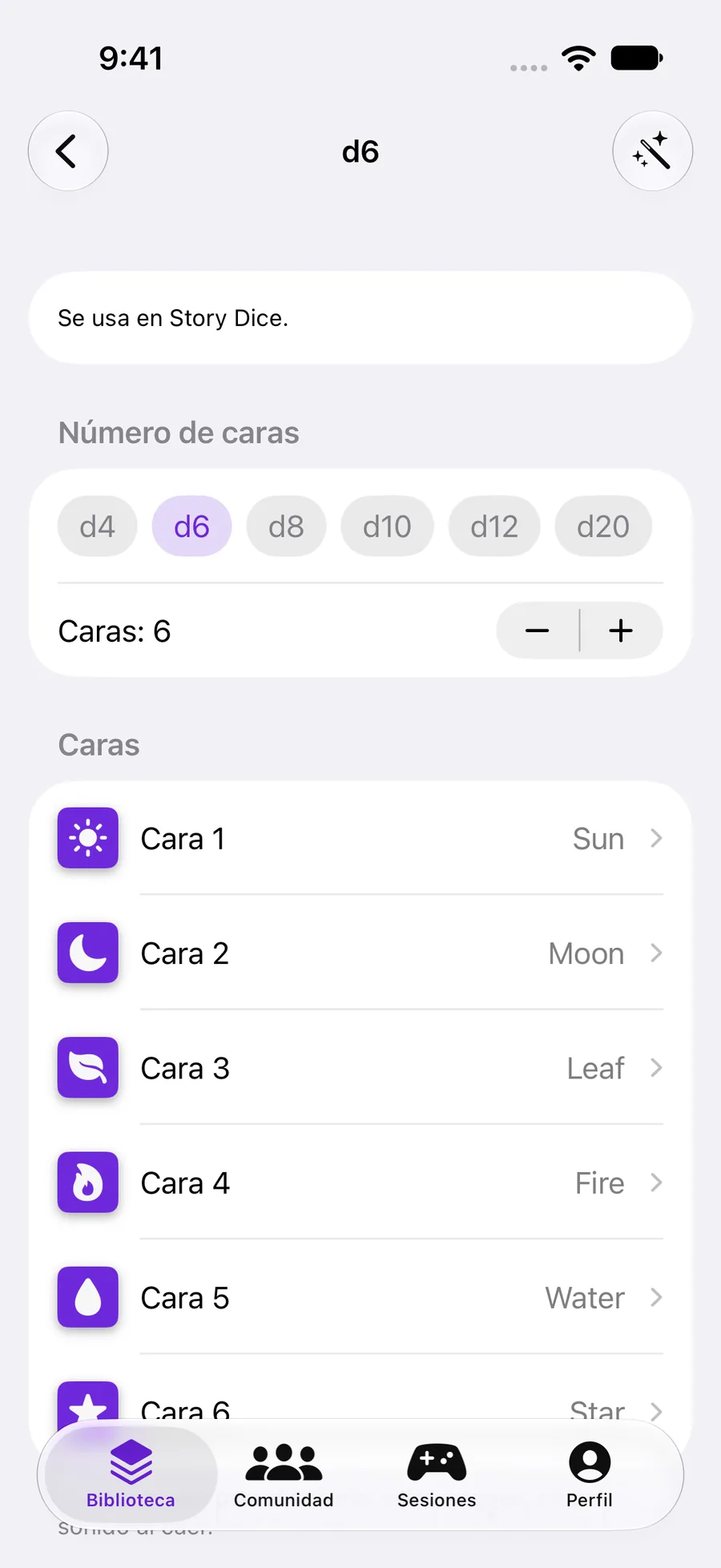 Editor de dados con caras de sol, luna, hoja y fuego
