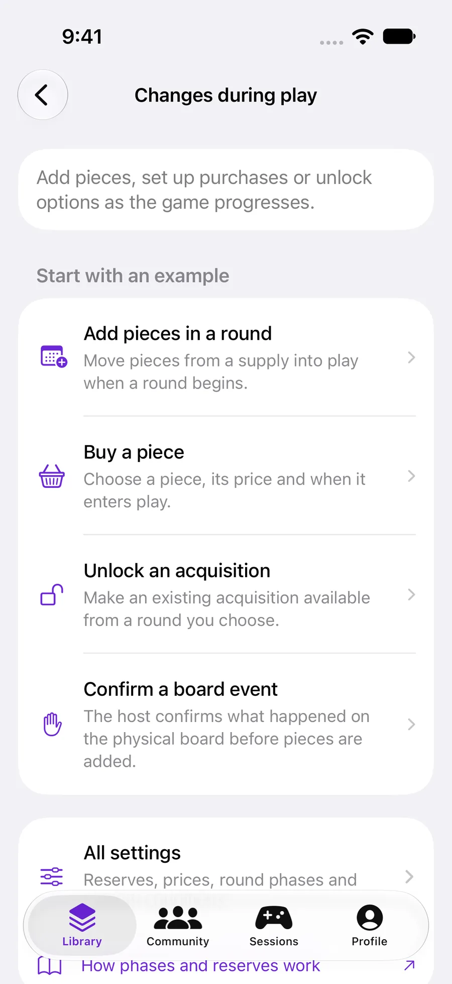 Changes during play with guided examples for rounds, acquisitions and board events