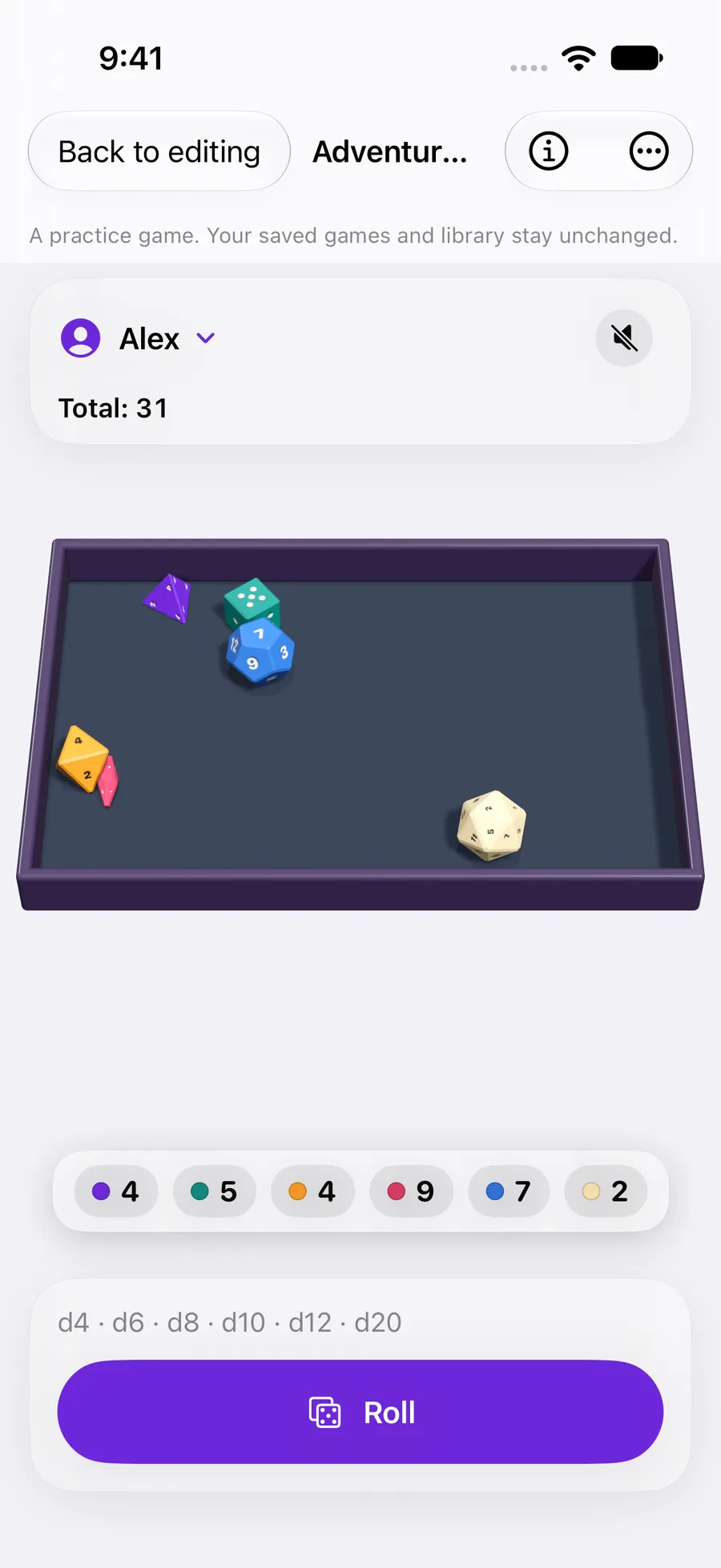 A practice game with colorful dice, visible results and Back to editing
