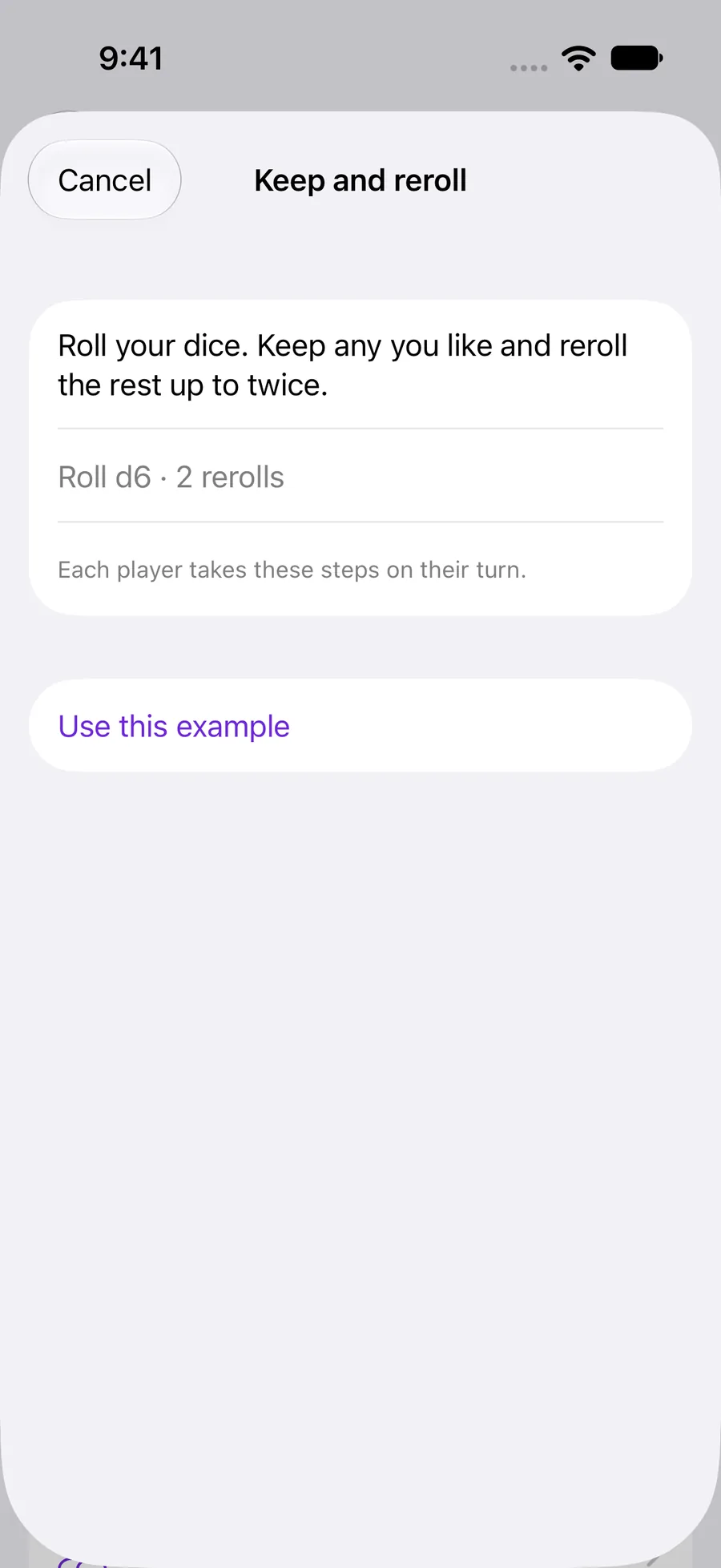 Keep and reroll example with a description and confirmation button