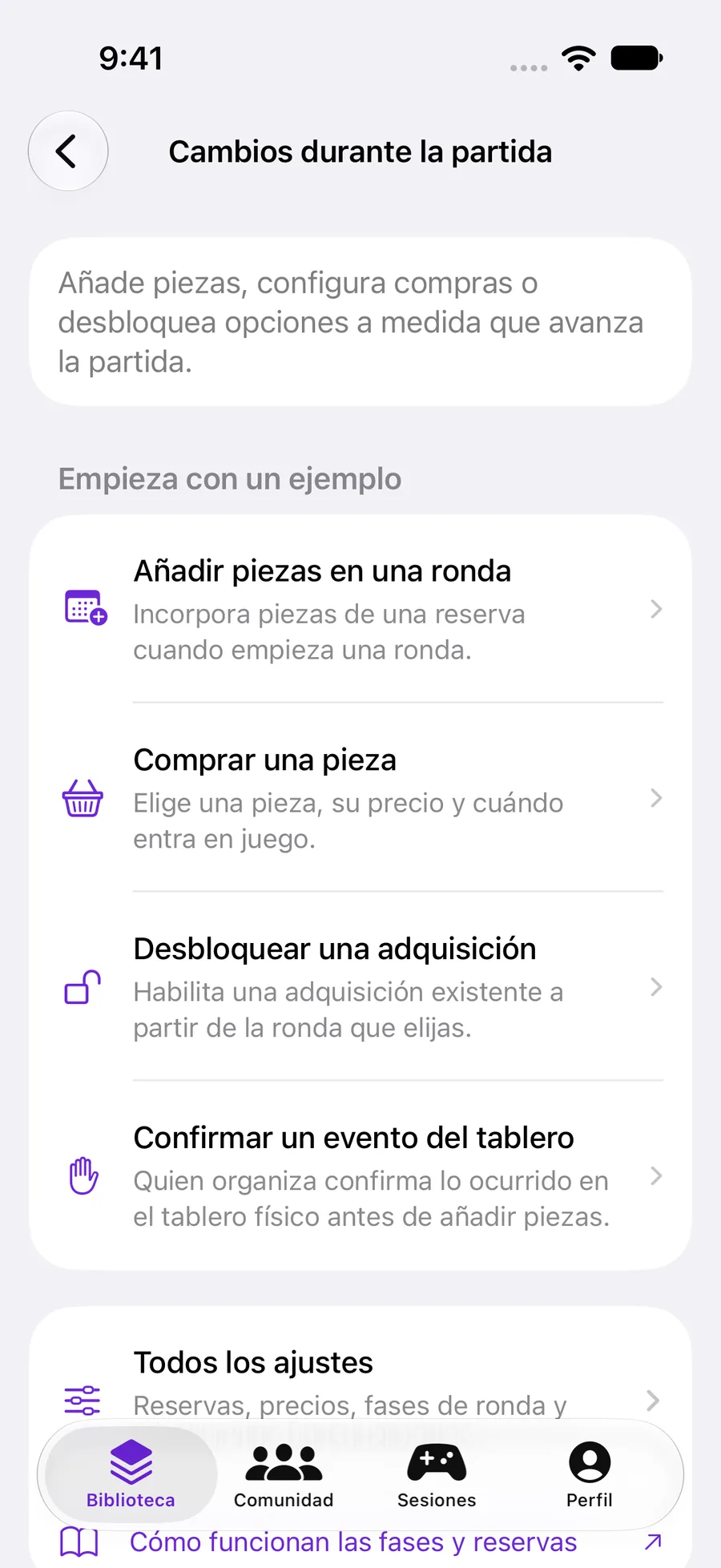 Cambios durante la partida con ejemplos para rondas, adquisiciones y eventos del tablero