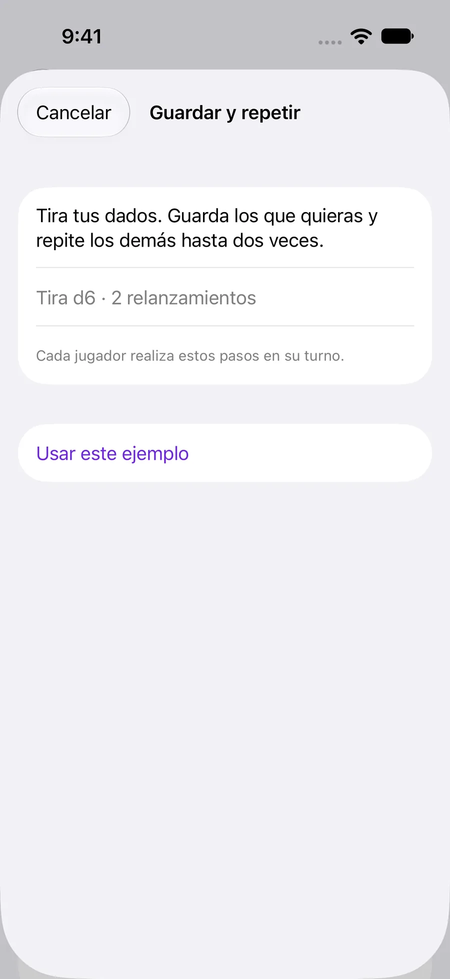 Ejemplo Guardar y repetir con una explicación y un botón de confirmación